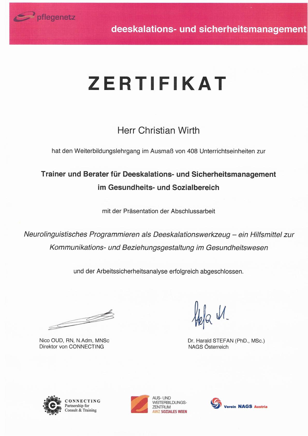 Christian Wirth - Experte & Coach für konfliktfreie Kommunikation - Zertifikat Berater für Deeskalation und Sicherheitsmanagement