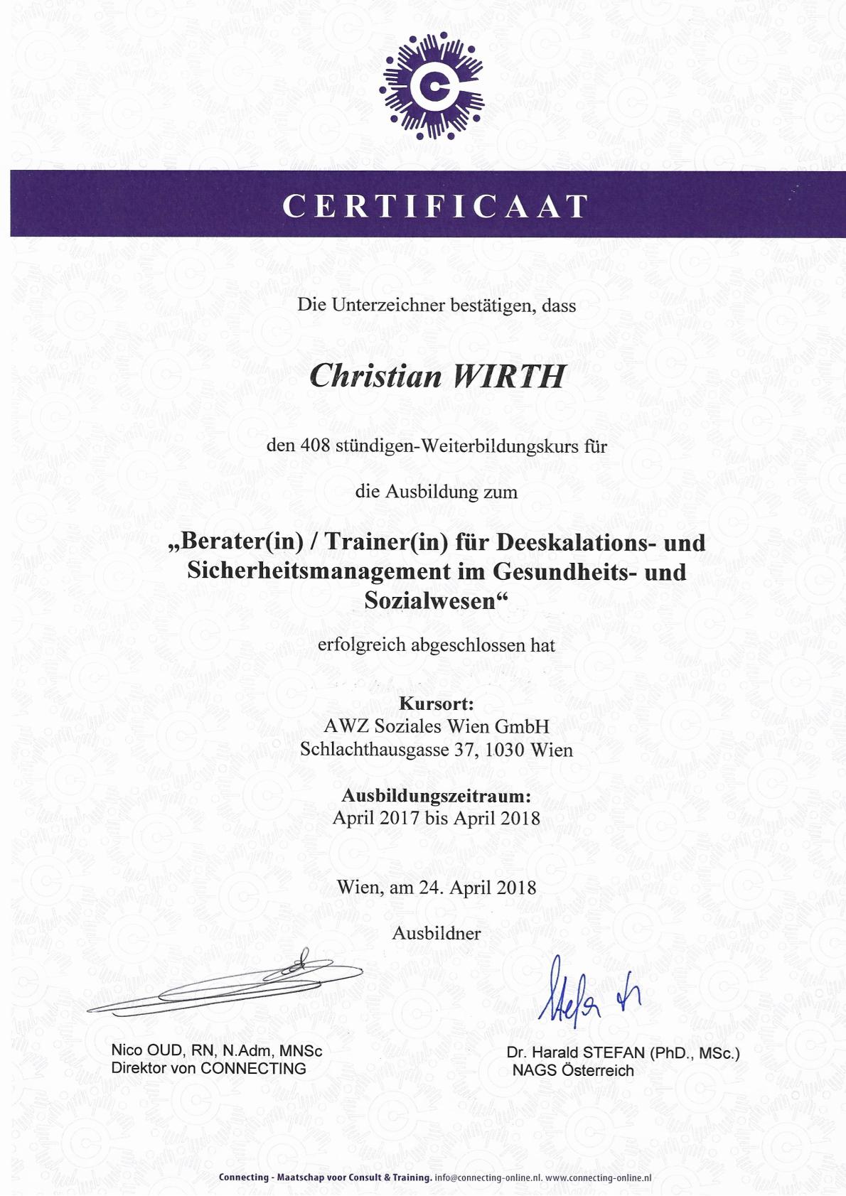 Christian Wirth - Experte & Coach für konfliktfreie Kommunikation - Zertifikat Trainer Deeskalation und Sicherheitsmanagement