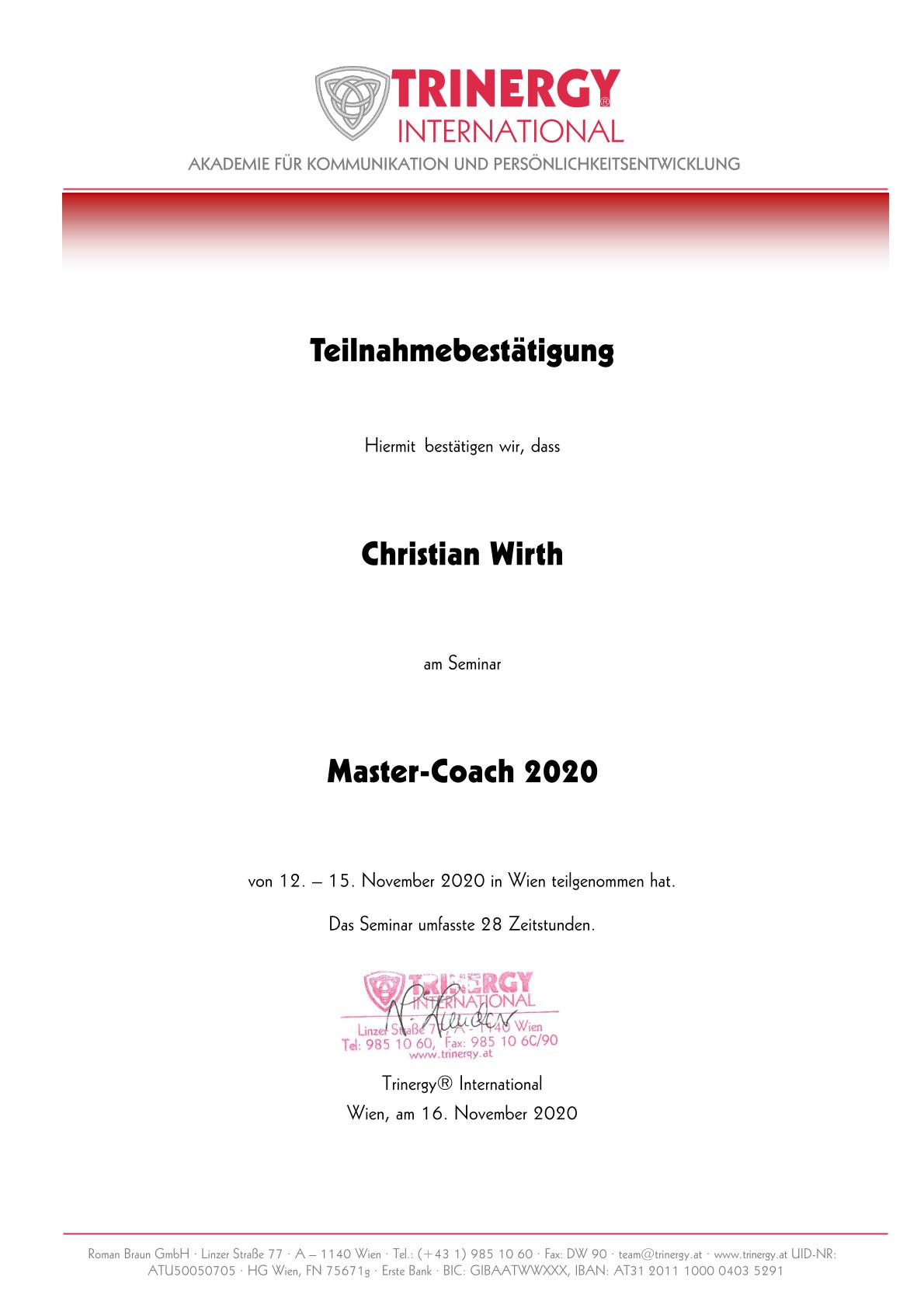 Christian Wirth - Experte & Coach für konfliktfreie Kommunikation - Zeugnis MasterCoach