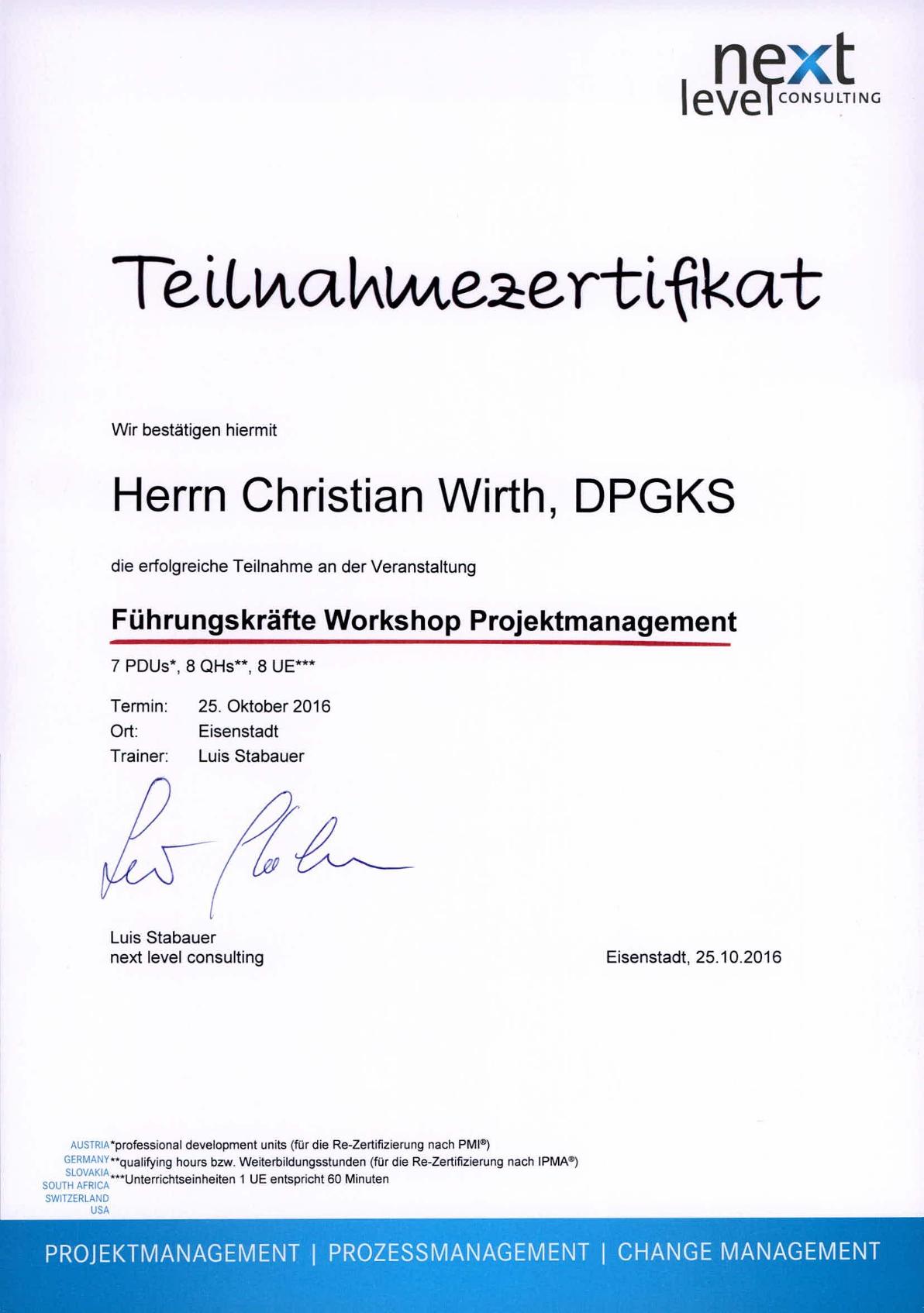 Christian Wirth - Experte & Coach für konfliktfreie Kommunikation - Zeugnis Projektmanagement